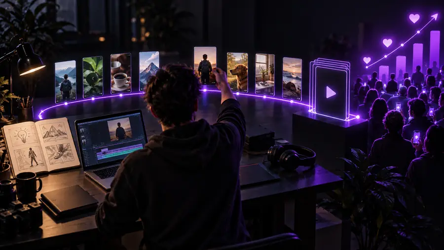Faceless reels workflow showing short-form content and performance signals