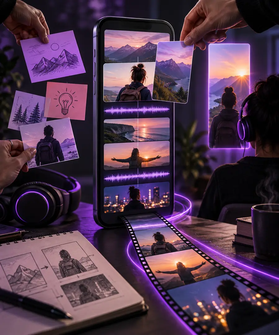 Illustration of a faceless reels app creating a short vertical video